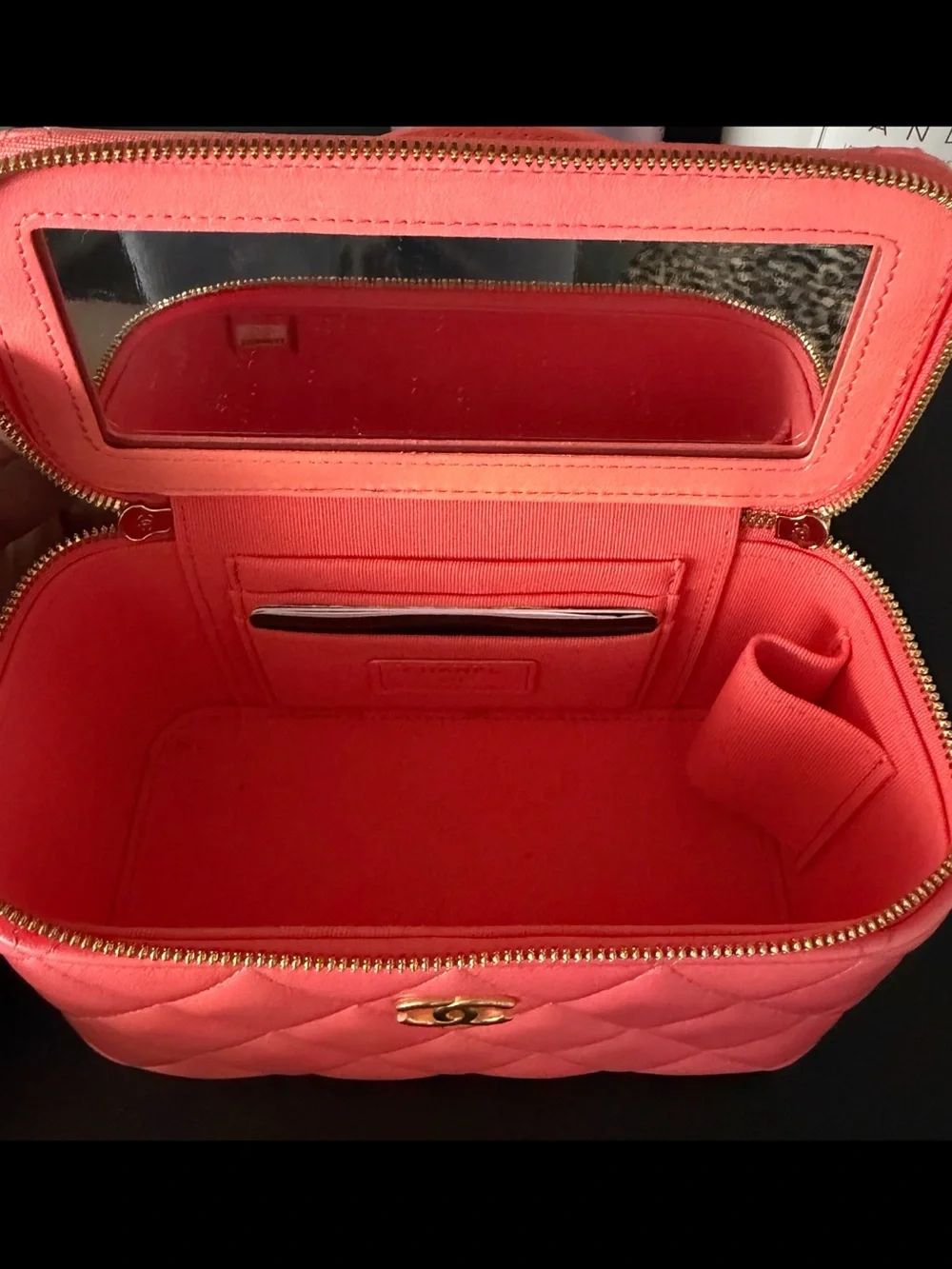 Chanel Quilted Vanity Lambskin Coral with Gold chain